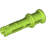 Lime green LEGO Technic Pin 3L with friction ridges and stop bush.