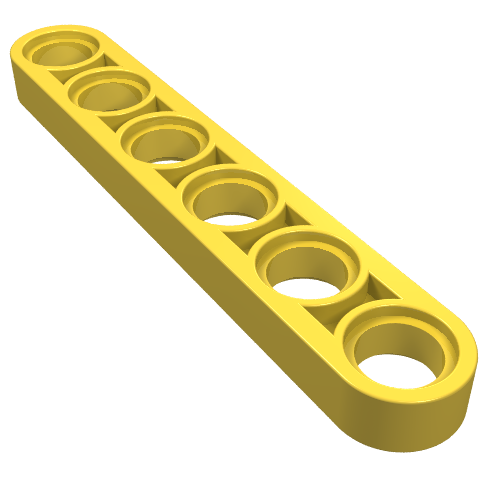 Yellow LEGO Technic Thin Liftarm 1x6, featuring six pin holes along its length, angled view.
