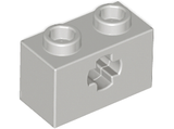 A light bluish gray LEGO Technic brick, 1x2 studs, with two studs on top and an axle hole on the side.