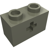Dark gray LEGO Technic brick 1x2 with two studs and a cross-shaped axle hole on the side.