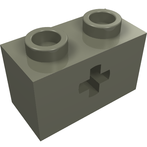 Dark gray LEGO Technic brick 1x2 with two studs and a cross-shaped axle hole on the side.