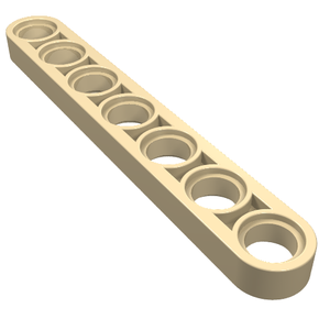 A light tan LEGO Technic Liftarm Thin 1 x 7 with seven pin holes, angled on a white background.
