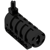 Black LEGO projectile launcher part 32074c01, featuring a round bottom, a tip, and a trigger mechanism on top.