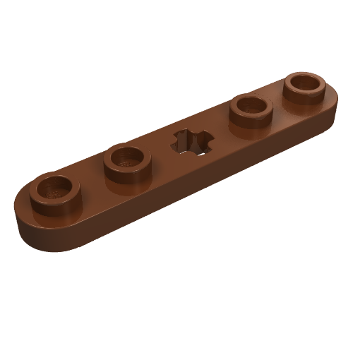 Brown LEGO Technic plate 1x5 with smooth ends, 4 studs, and a center axle hole.