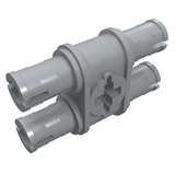 Light grey LEGO Technic Pin Double with Axle Hole (32138) showing its central body and four connecting ends.