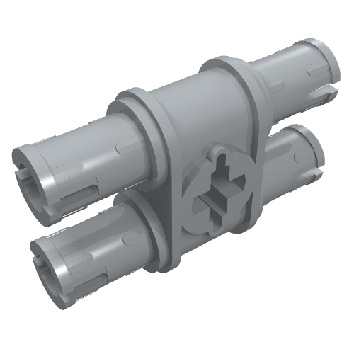 Light grey LEGO Technic Pin Double with Axle Hole (32138) showing its central body and four connecting ends.