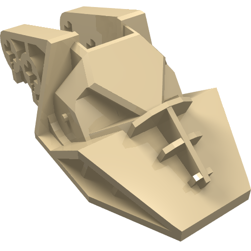 Tan LEGO Technic block 32165, a complex multi-faceted piece with structural details and connection points.