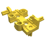 Yellow LEGO Technic Rectangular Gearbox Half (part 32167) with pin holes and axle connections, seen from an angle.