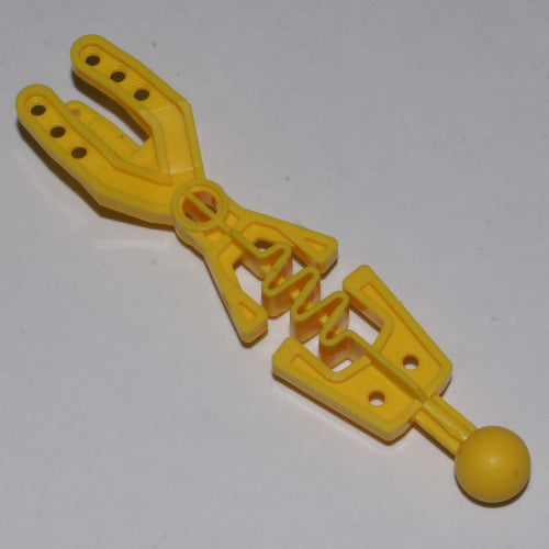 Yellow LEGO Technic Throwbot Arm 32168, a plastic piece with a forked end, wavy flexible center, and ball joint.