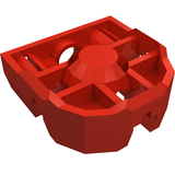 Red LEGO Technic Pin Connector Block 3 x 3 x 1, showing its top surface with internal cross supports and a central conical pin receiver.