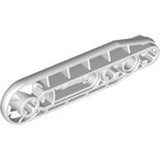 White LEGO Technic 32177 Liftarm, Modified Fan 1 x 7 part, angled view, highlighting structural details.