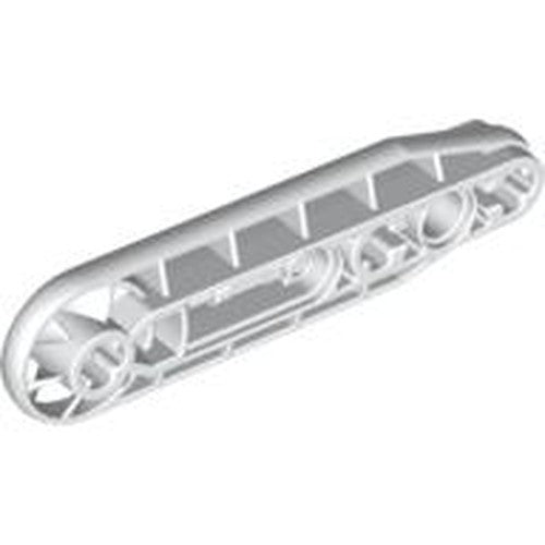 White LEGO Technic 32177 Liftarm, Modified Fan 1 x 7 part, angled view, highlighting structural details.