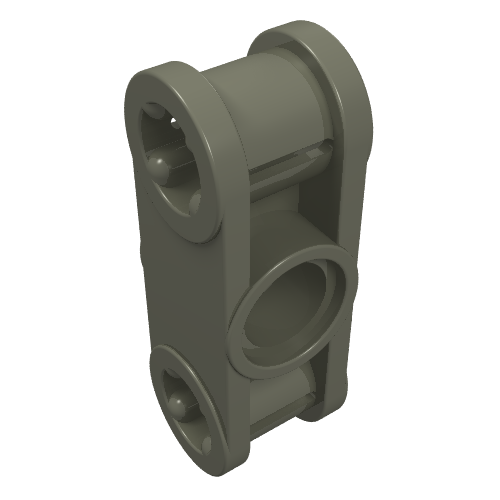 Gray LEGO Technic 32184 Axle and Pin Connector Perpendicular 3L with Center Pin Hole, viewed at an angle.