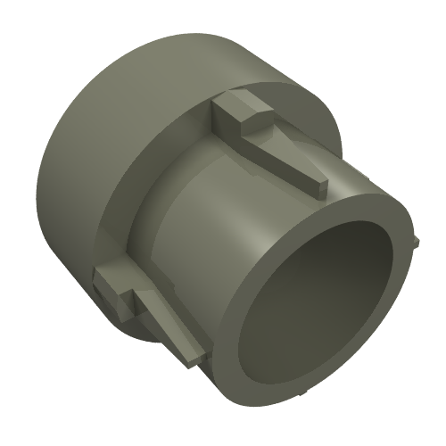 A 3D render of a grey LEGO Technic Driving Ring Extension (part 32187), a cylindrical piece with four external ribs.