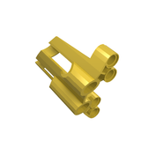 Angled view of a gold LEGO Technic Panel Fairing #1 Large Short with large holes, showing its structural details and connection points.