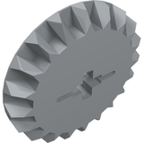 Gray LEGO Technic Gear 20 Tooth Bevel (part 32198), angled view showing the twenty teeth and intricate central axle connection.