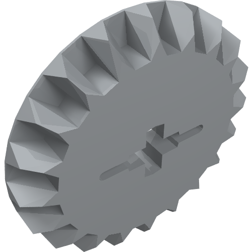 Gray LEGO Technic Gear 20 Tooth Bevel (part 32198), angled view showing the twenty teeth and intricate central axle connection.