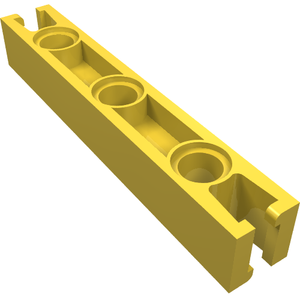 Yellow LEGO Znap Beam 7, part 32203, with three circular holes, viewed from an angle on a white background.