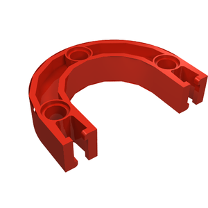 Red LEGO 32205 Znap Beam 1/2 Circle Radius 2L part with three circular holes and slotted ends, viewed from an angle.