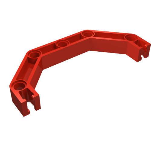 Red LEGO Znap Beam 9 part, featuring 5 axle holes and 4 bends, forming a half-octagon structure.