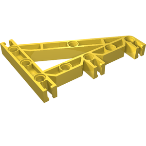 Yellow LEGO Technic triangular beam (Znap Beam 9) with 8 pin holes, shown from an angled perspective.