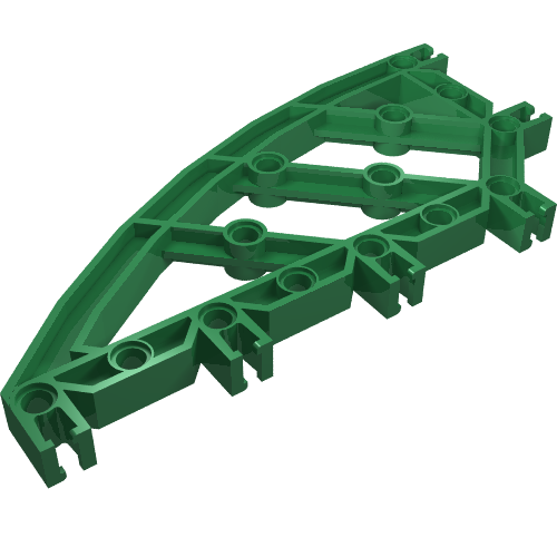Green, curved LEGO Znap Beam 16 with 14 holes, in an isometric view.