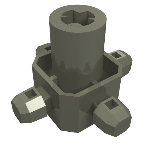 Dark grey LEGO Znap Connector 3x3 - 4 way A (Axial) piece, featuring a central cylinder and four protruding square-ended arms.