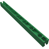 Angled view of a dark green LEGO Znap Beam part, featuring 7 circular holes along its length and a notched end.
