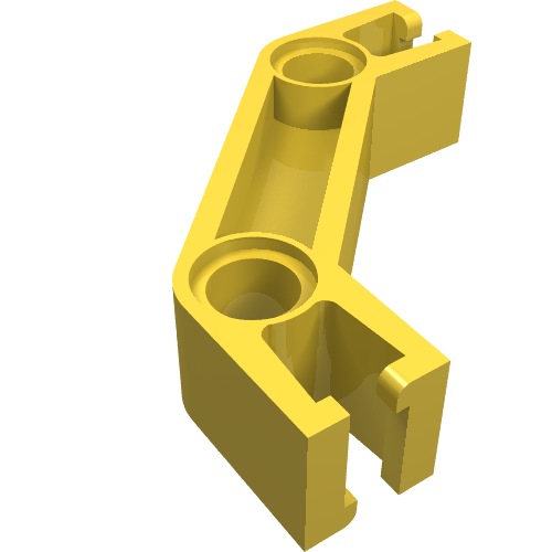 A yellow LEGO Znap Beam part with 2 holes and 2 bends, shown from an isometric view on a white background.