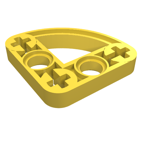 Yellow LEGO Technic liftarm, modified L-shape quarter ellipse thin 3x3 with cross and round holes.