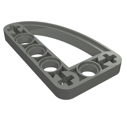 Gray LEGO Technic Liftarm, Modified L-Shape Quarter Ellipse Thin 3 x 5, with circular pin holes and cross axle holes.