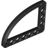 Black LEGO Technic liftarm, L-shape, quarter ellipse, thin 5x7, with circular pinholes along its edges.