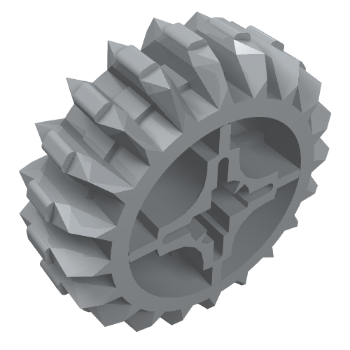 Gray LEGO Technic 20-tooth double bevel gear, showing angled teeth and cross-shaped axle hole.