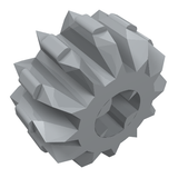 A gray LEGO Technic Gear 12 Tooth Double Bevel (part 32270) with an axle hole, shown at an angle.