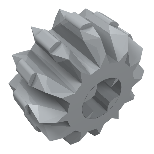 A gray LEGO Technic Gear 12 Tooth Double Bevel (part 32270) with an axle hole, shown at an angle.