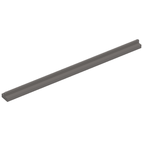 A long, straight, grey LEGO train track rail 16L, featuring a textured upper edge, viewed from an angle.