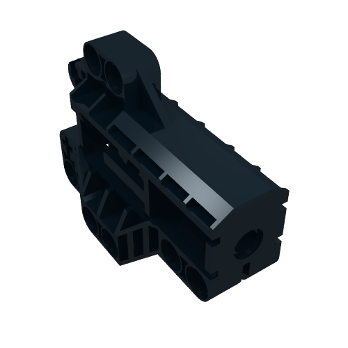 Dark blue LEGO Technic Pin Connector Block 7 x 3 (part 32305) shown at an angle, featuring various pin and axle holes.