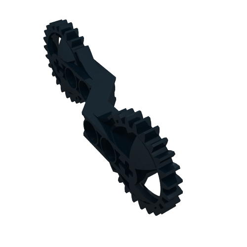 Dark grey LEGO Technic Arm 1 x 7 x 2 with Gear Ends (Part 32311), angled view showing the gears and pinholes.