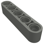 Dark gray LEGO Technic Liftarm Thick 1 x 5, featuring five circular pinholes, angled view on a white background.