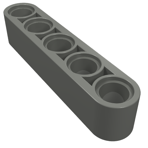 Dark gray LEGO Technic Liftarm Thick 1 x 5, featuring five circular pinholes, angled view on a white background.