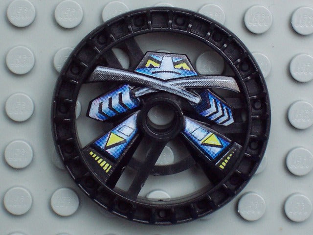 Black LEGO Technic Disk 5x5, RoboRider Talisman Wheel with Ninja Mold and Robot Pattern on grey plate.