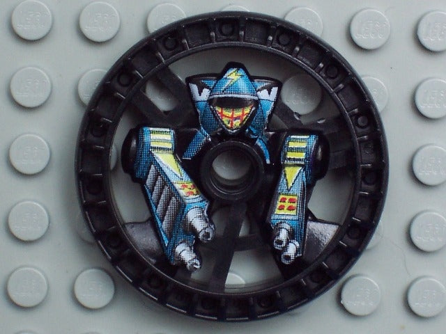 LEGO Technic Disk 5x5, black, with a blue RoboRider robot pattern with yellow lightning bolt head and two gun arms, on a gray baseplate.