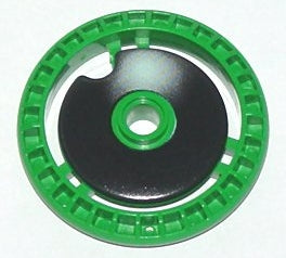 LEGO Technic Disk 5x5, notched black piece with a green central hole, inside a green outer ring with a grid pattern.