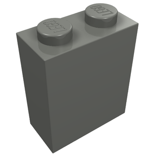Dark gray LEGO 1x2x2 brick with two studs visible on top, one embossed with the LEGO logo.