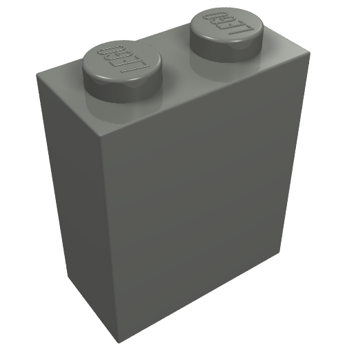 Dark gray LEGO 1x2x2 brick with two studs visible on top, one embossed with the LEGO logo.