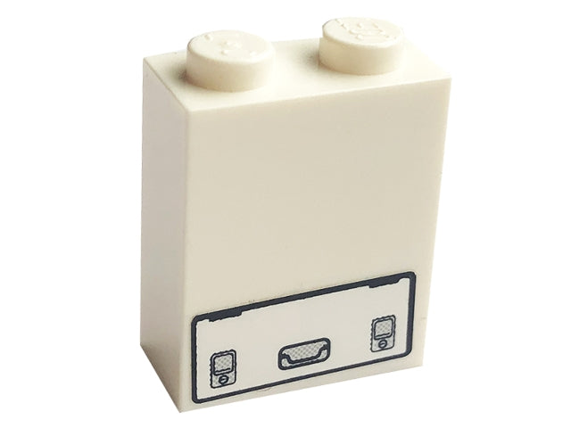 Off-white LEGO 1x2x2 brick with service door pattern sticker, showing a central handle and two control panels.