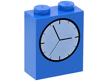 Blue LEGO 1x2x2 brick with a white clock face pattern, black hands, and tick marks on its side.