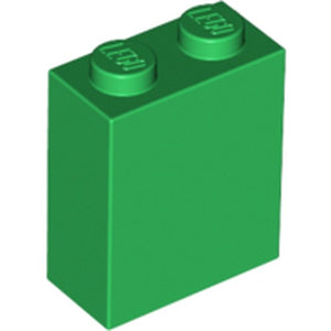 A green LEGO 1x2x2 brick, part 3245c, also known as Brick 1 x 2 x 2 with Inside Stud Holder.