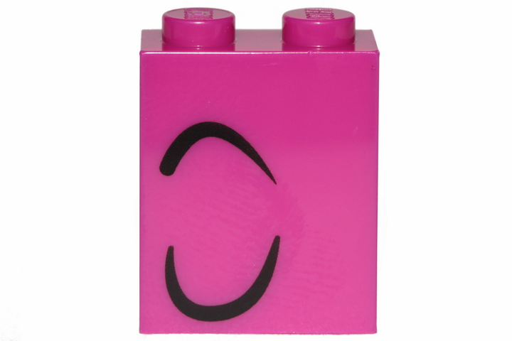 Magenta LEGO 1x2x2 brick with inside stud holder, featuring black print of a closed eye and a curled line.