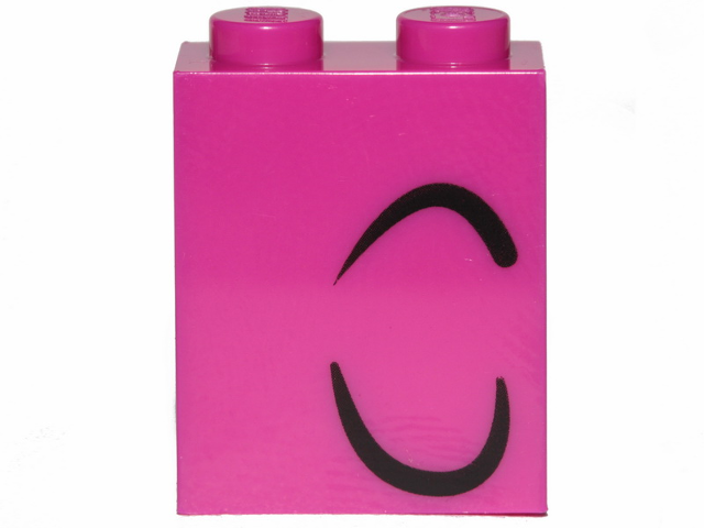 Pink LEGO Brick 1x2x2 with Inside Stud Holder, printed with a closed left eye and two curled black lines.